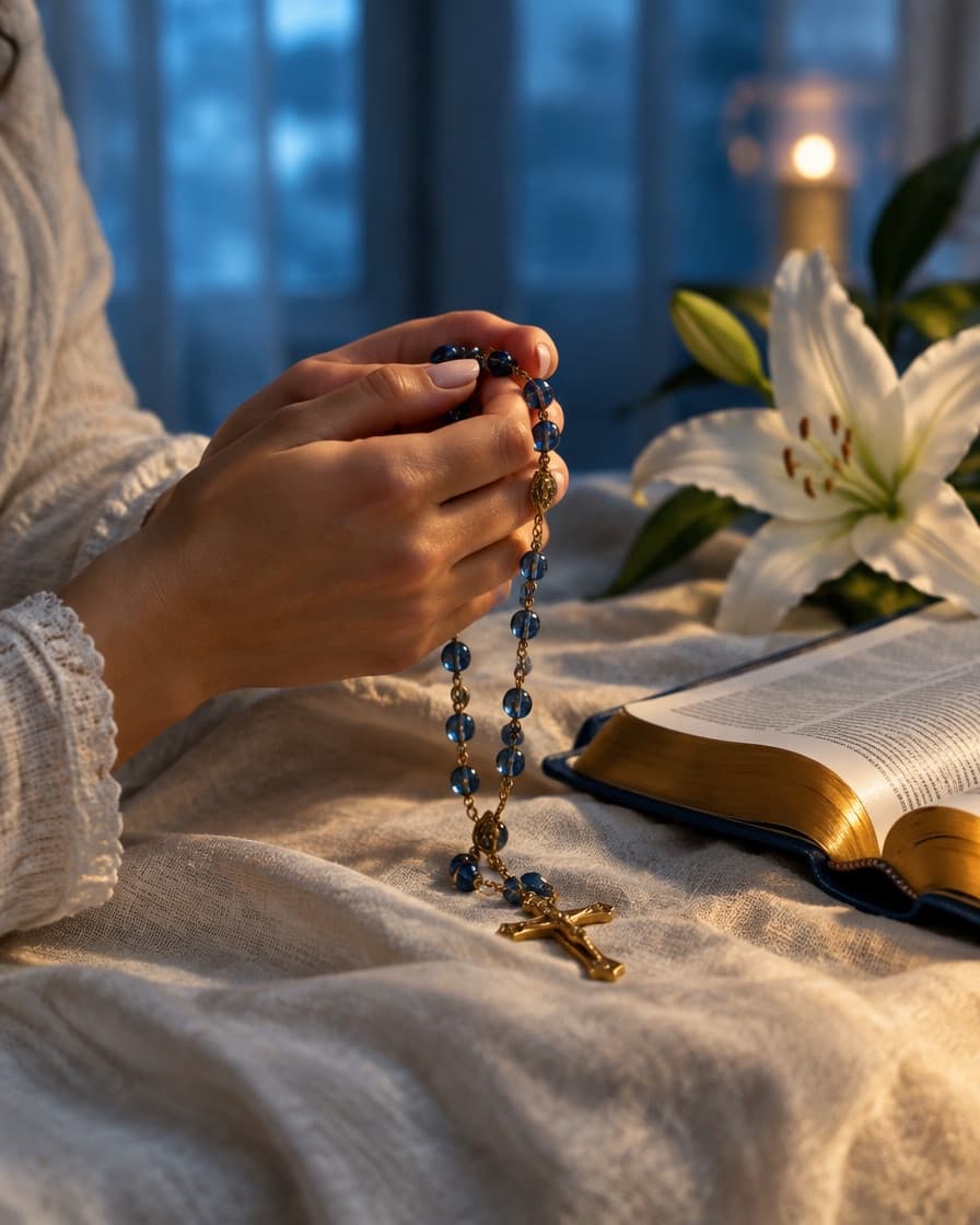 Mãos segurando um terço de contas azuis ao lado de uma Bíblia aberta e de um lírio branco