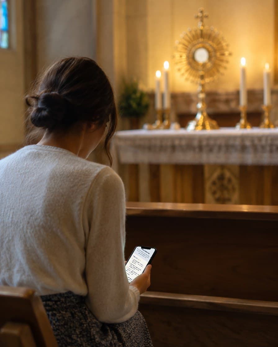 Mulher sentada no banco da capela lendo o roteiro no celular, diante do Santíssimo