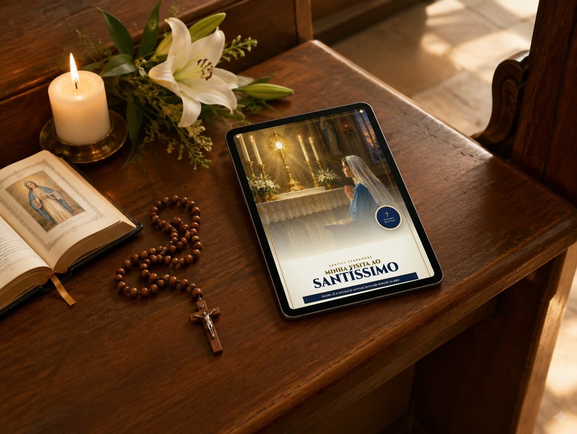 O guia Minha visita ao Santíssimo aberto no tablet, sobre o banco da igreja, ao lado de um terço e de uma vela