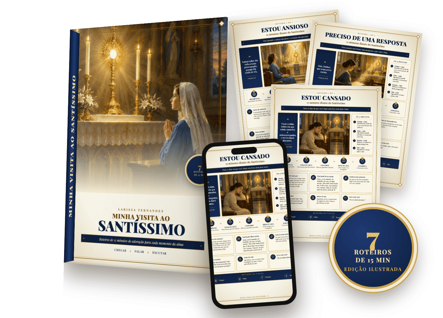 O guia Minha visita ao Santíssimo: o livro com a capa ilustrada, as páginas dos roteiros e o celular com o roteiro Estou cansado